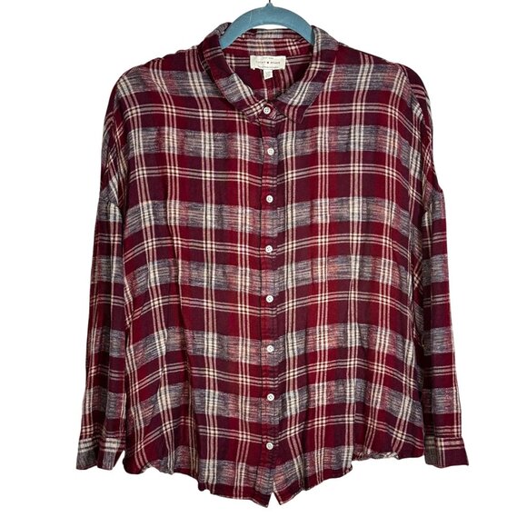 Lucky Brand Womens Red Plaid Button Up Shirt SZ Large Lightweight Cotton Blend - Picture 1 of 9